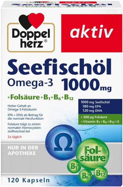 Doppelherz Seefischöl 1000 mg Omega‑3 + Folsäure – 120 Kapseln