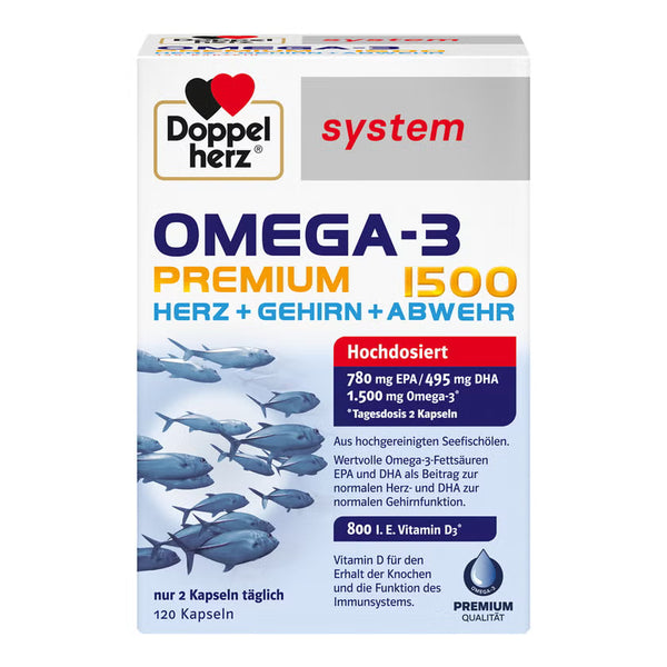 Doppelherz system Omega-3 PREMIUM 1500 – 120 Kapseln  Für Herz, Gehirn & Sehkraft – Hochdosiertes Omega-3 aus Meeresfischöl