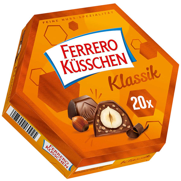 Ferrero Küsschen Klassik – 20 süße Grüße mit ganzer Haselnuss Geschenkverpackung mit 20 einzeln verpackten Pralinen | Milch- & Zartbitterschokolade | Ganze Haselnuss
